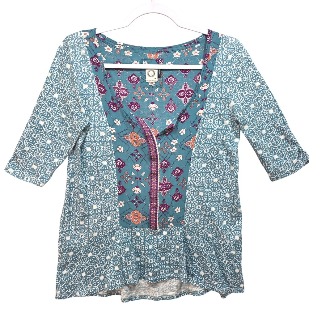 Akemi and Kin Anthropologie Boho Top Women S Mixed Print Teal Blue Peplum Floral